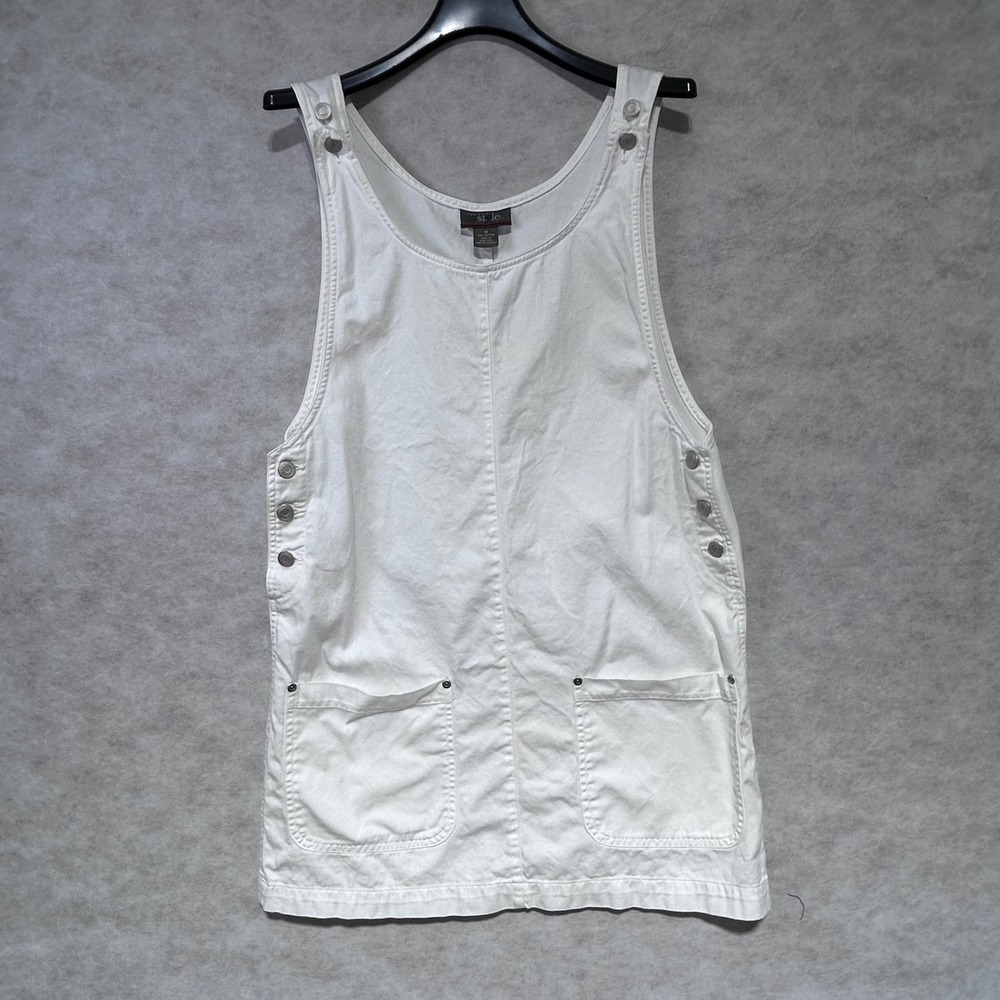 New York Style White‎ Denim Pinafore Dress Button Side Pockets Size M